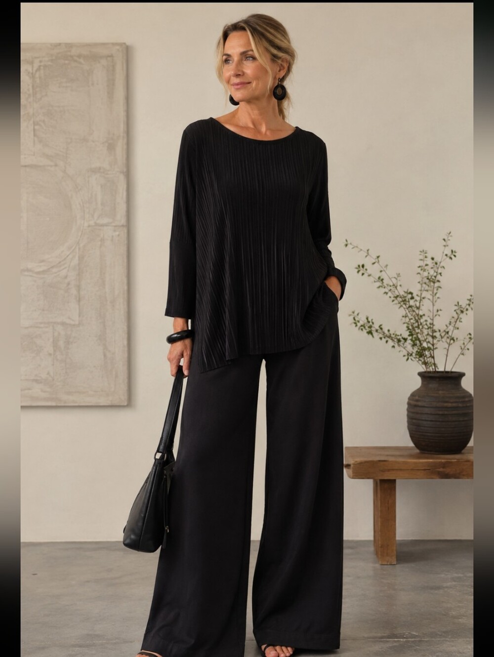 ALEMBIKA Subtle Pleated knit top Longline Black Capsule Travel Lagenlook Artsy